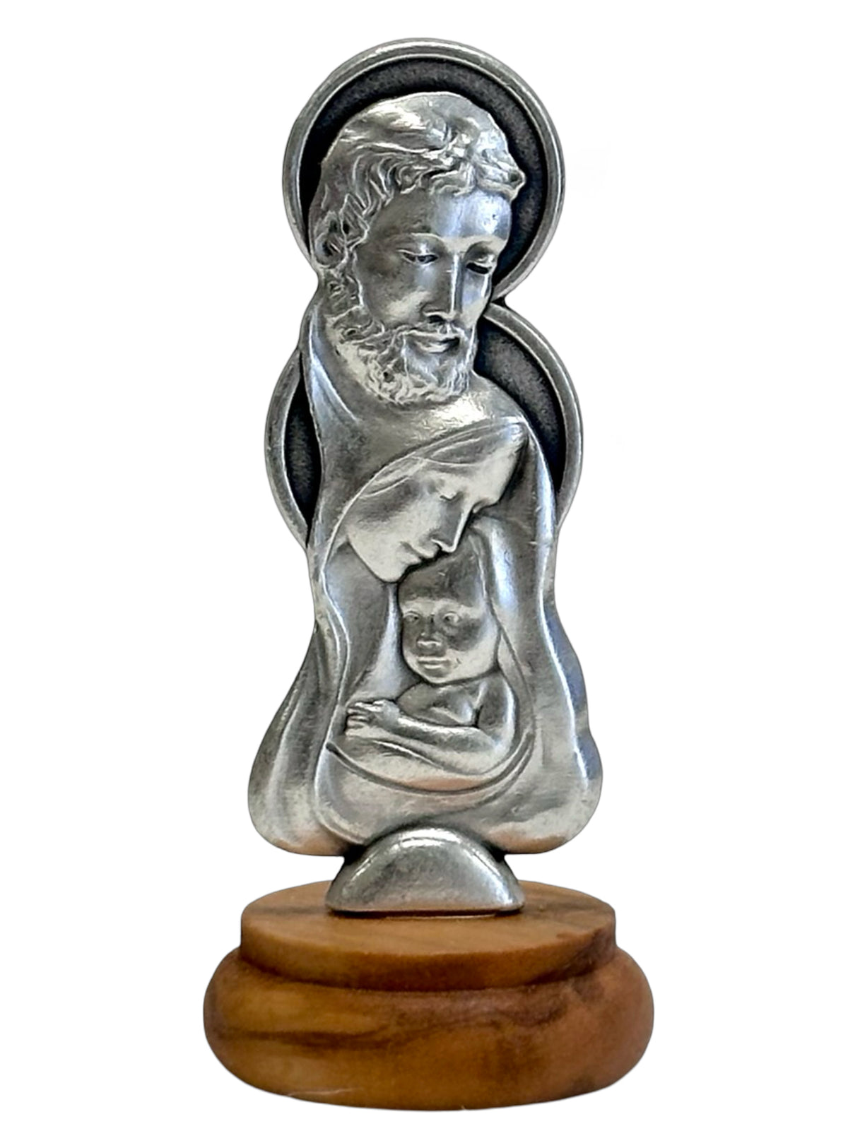 Holy Family Mini Statue – Silver Metal on Wood Base (5.4cm) x 6.5 cm Height