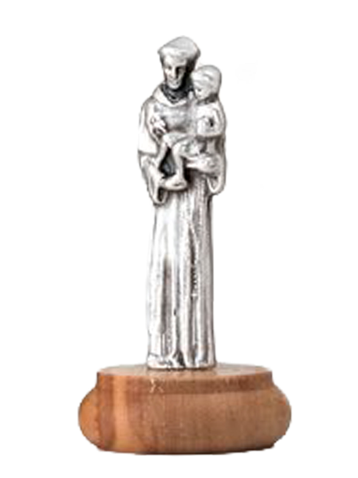 St Anthony of Padua Mini Statue – Silver Metal on Wood Base (5cm)x 6.5 cm Height