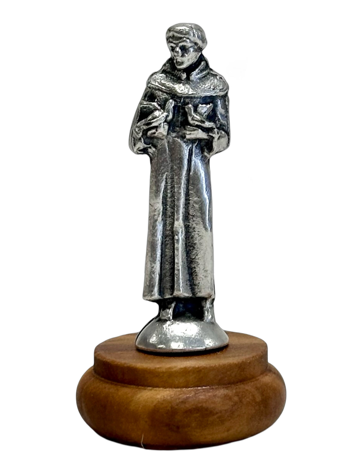 St Francis of Assisi Mini Statue – Silver Metal on Wood Base (4.5cm) x 6.5cm Height