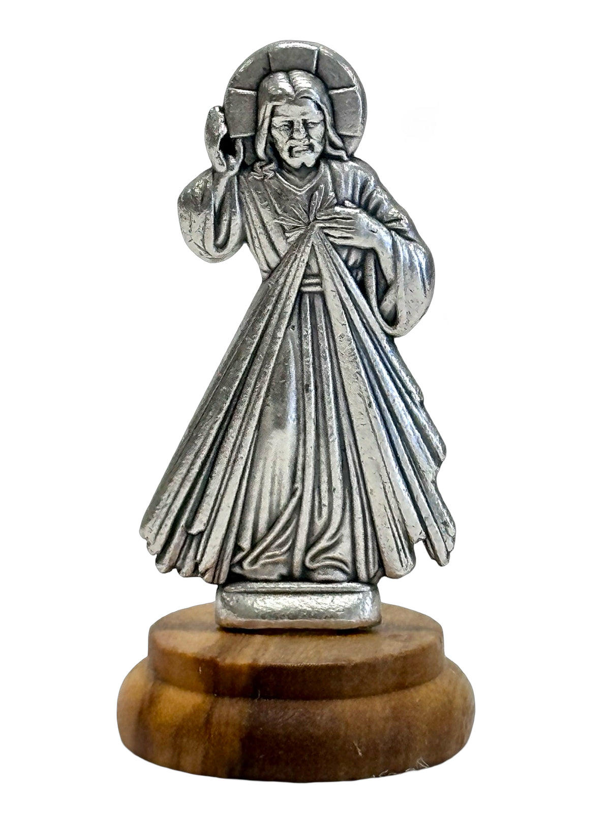 Divine Mercy Mini Statue – Silver Metal on Wood Base (5cm) Height -6.5cm