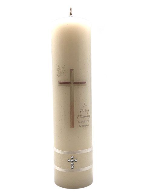 In Loving Memory Candle | Memorial Pillar Candle with Cross, Dove & Ribbon