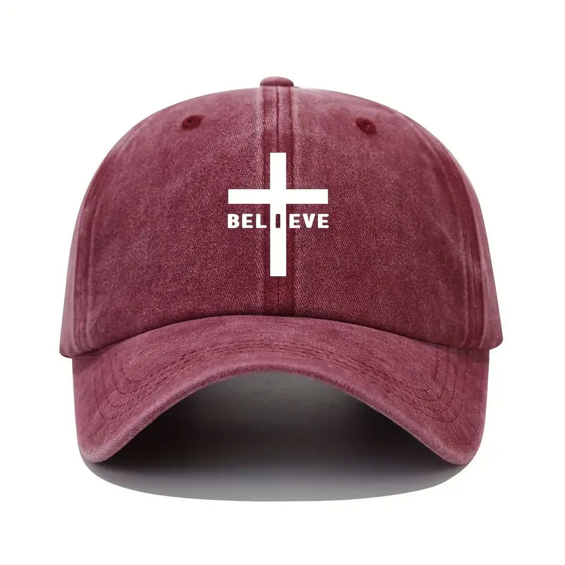 BELIEVE Cross Printed Baseball Cap Washed Distressed Solid Color Dad H Shofar Christian Stores