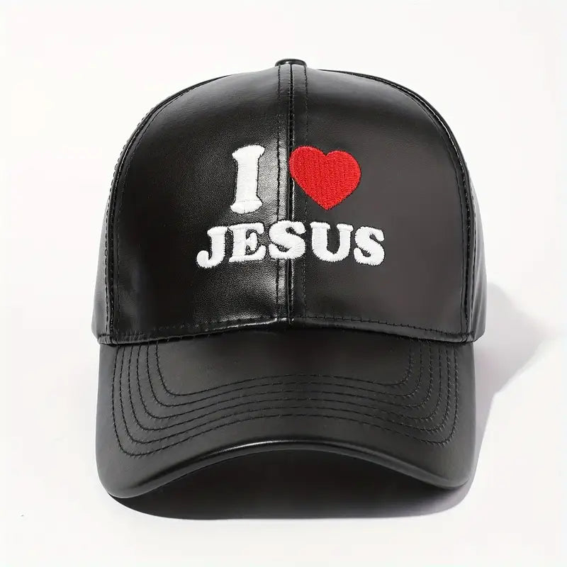 I Love Jesus" Embroidered Baseball Cap - Adjustable, Breathable Faux Leather Hat