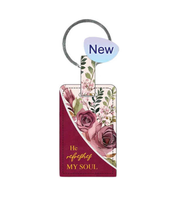 Key Ring Leather Rectangle Burgundy Floral - He Refreshes my Soul
