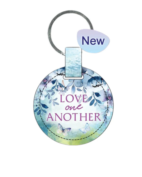 Key Ring Leather Round Blue Floral - Love one Another