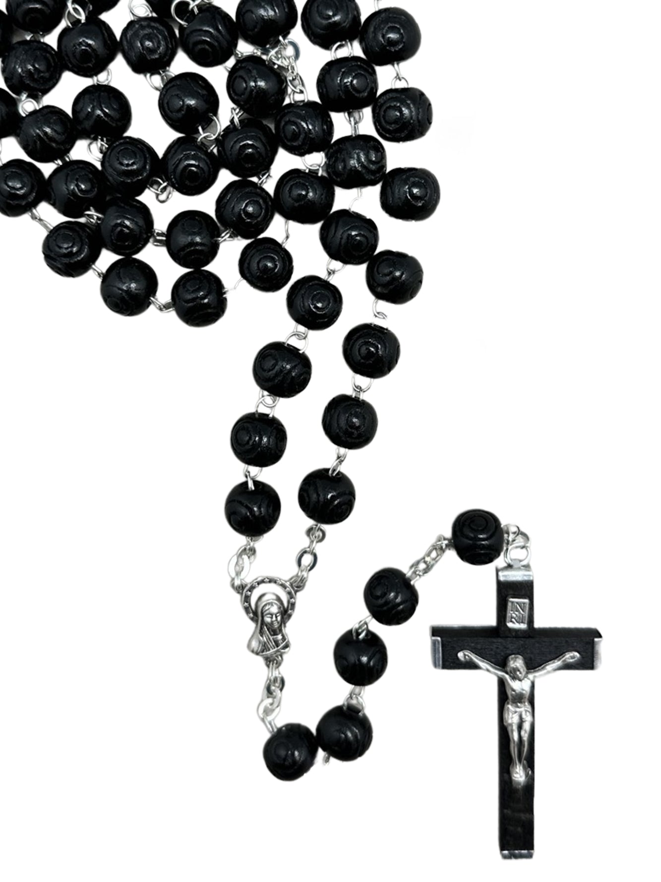 Rosary Wood Black Round Patterned - 8mm Beads