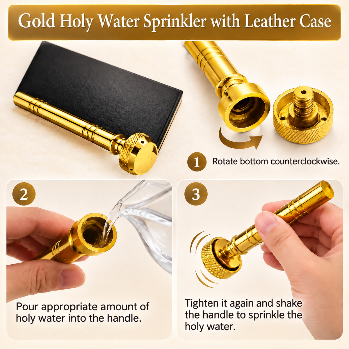Gold Holy Water Sprinkler with Leather Case is a compact