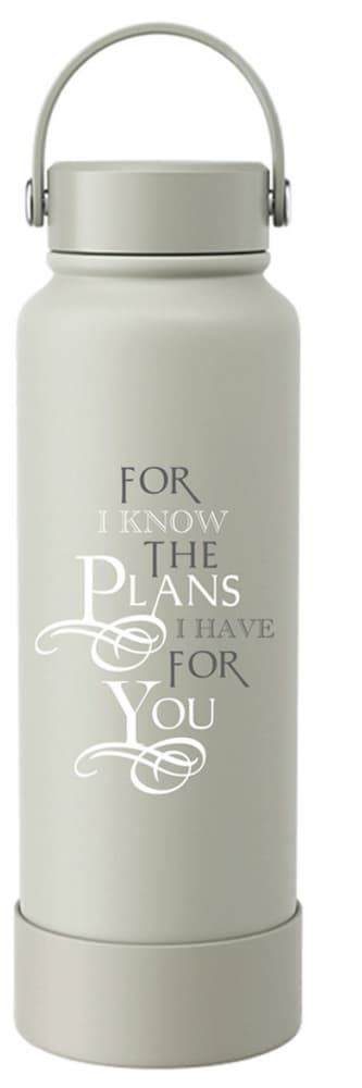 Light grey 1150ml insulated Christian water bottle reading "For I know the plans I have for you" Jeremiah 29:11