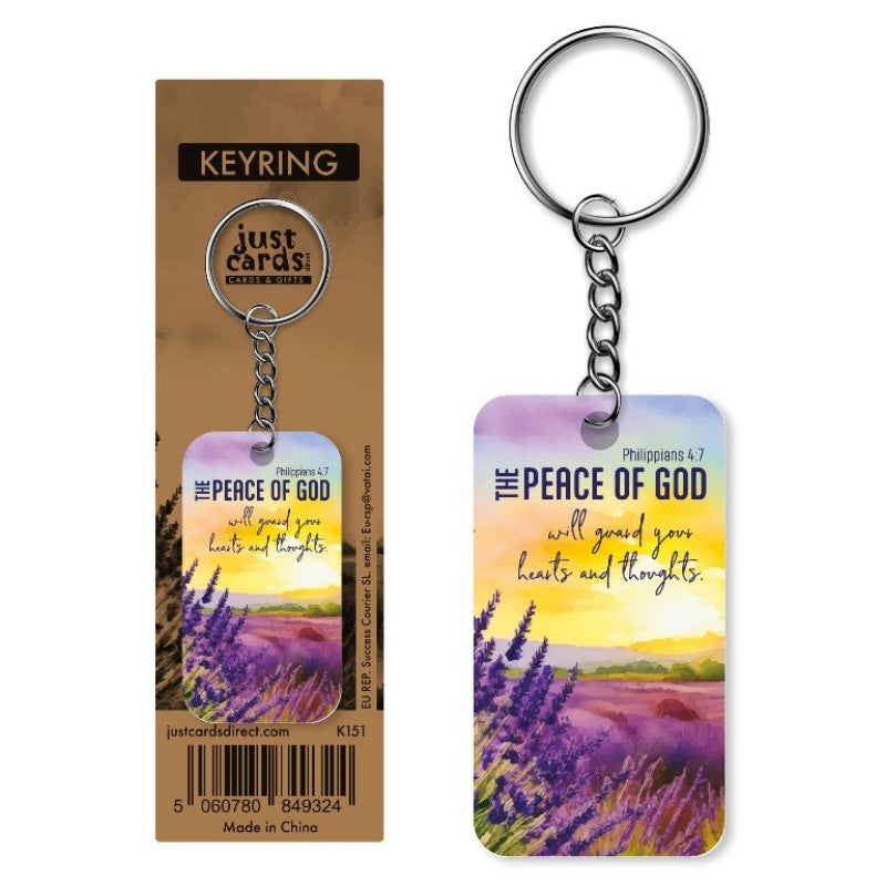 Lavender field Christian keyring reading "The peace of God will guard your hearts and thoughts" Philippians 4:7, with packaging