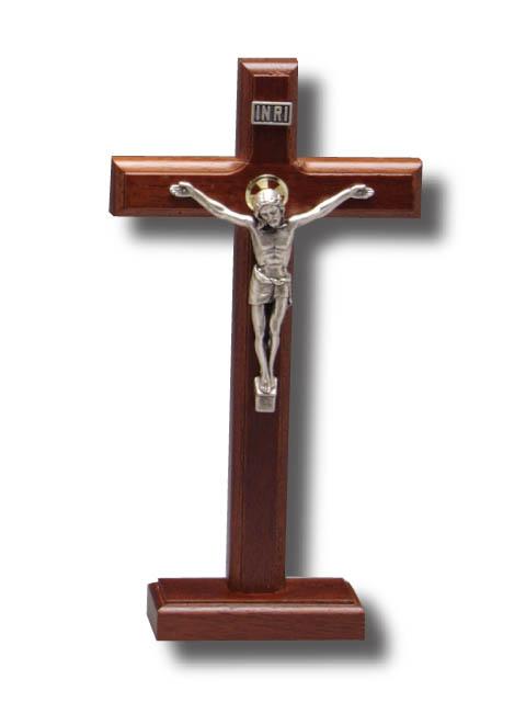 Standing Crucifix – Beechwood with Silver Metal Corpus (24cm) Height