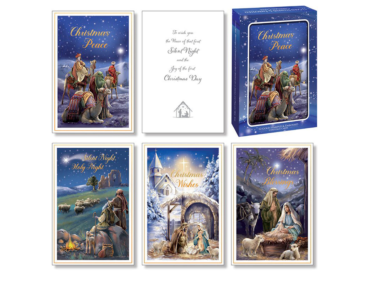 Christmas Wishes Boxed Cards – 12 Religious Nativity Cards, 4 Designs with Gold Highlights