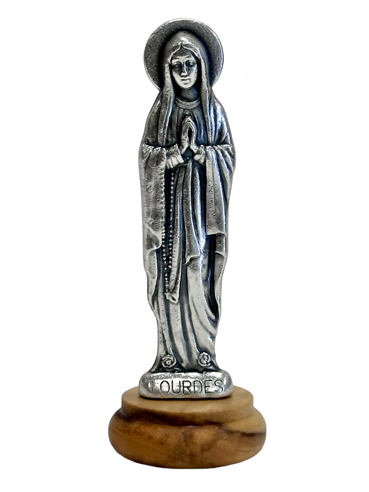 Our Lady of Lourdes Mini Statue – Silver Metal on Wood Base (6.5cm) x