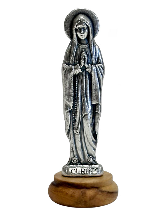 Our Lady of Lourdes Mini Statue – Silver Metal on Wood Base (6.5cm)