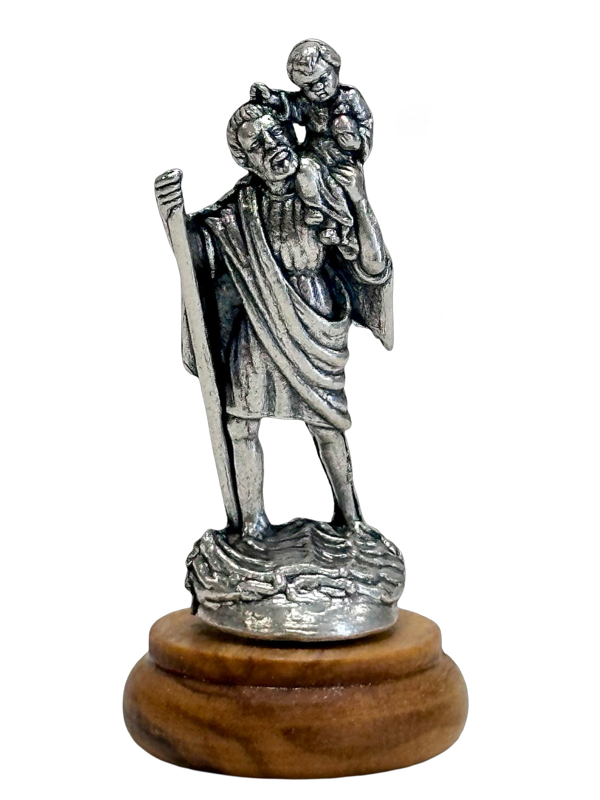 St Christopher Mini Statue – Silver Metal on Wood Base (5cm) x 6.5cm Height
