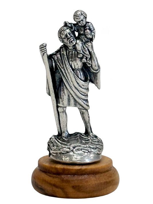 St Christopher Mini Statue – Silver Metal on Wood Base (5cm) x 6.5cm Height