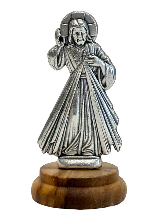 Divine Mercy Mini Statue – Silver Metal on Wood Base (5cm) Height -6.5cm