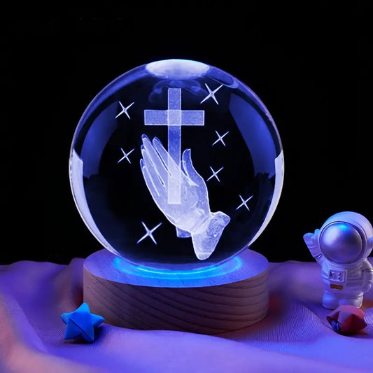 1pc 3D Crystal Ball Cross  Hand With Multicolor LED Night Light, USB connection ,Praying Hands Gifts For Women Man Christian