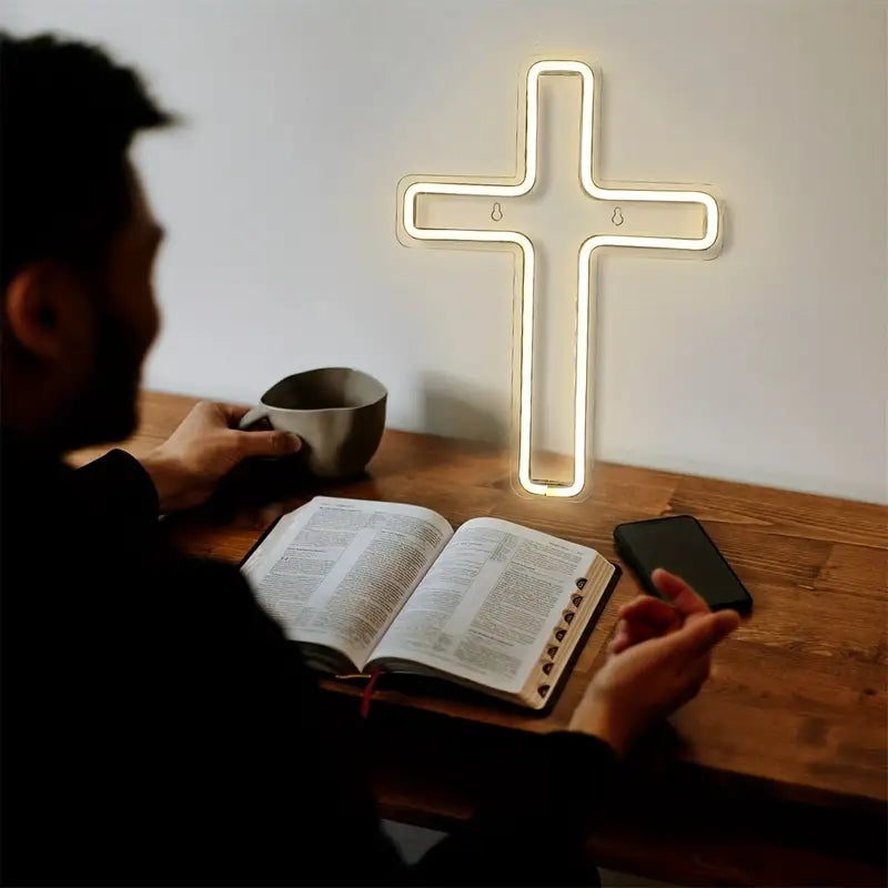 1pc  Cross Neon Signs, Airnesolly LED Neon Lights Sign Wall Light Sign For Church, USB Powered Dimmable Neon Cross Signs For Room Home