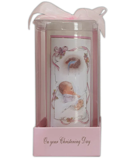 Christening Candle for Girls – Pink Ribbon Gift Box (150mm)