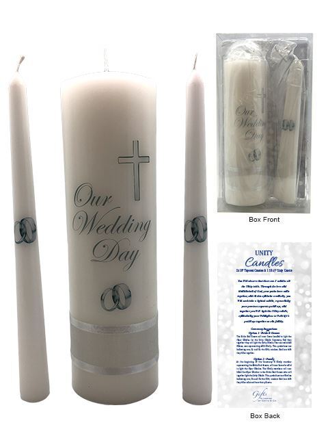 Wedding Unity Candle Boxed Set — Silver Rings | Our Wedding Day | Complete 3-Piece Set