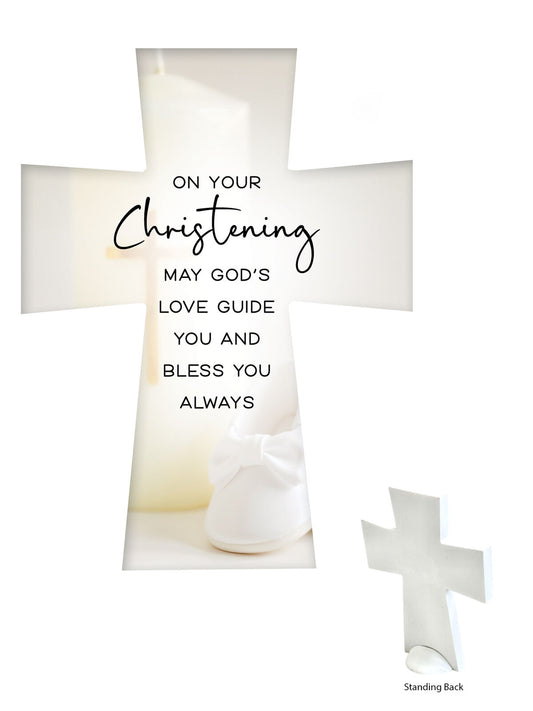 Ceramic Christening Cross – White Standing Gift with Scripture Verse