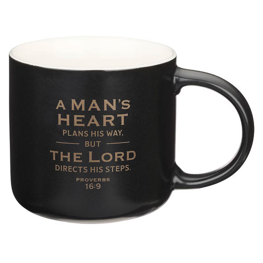 A Man's Heart Black Ceramic Coffee Mug - Proverbs 16:9-400ml