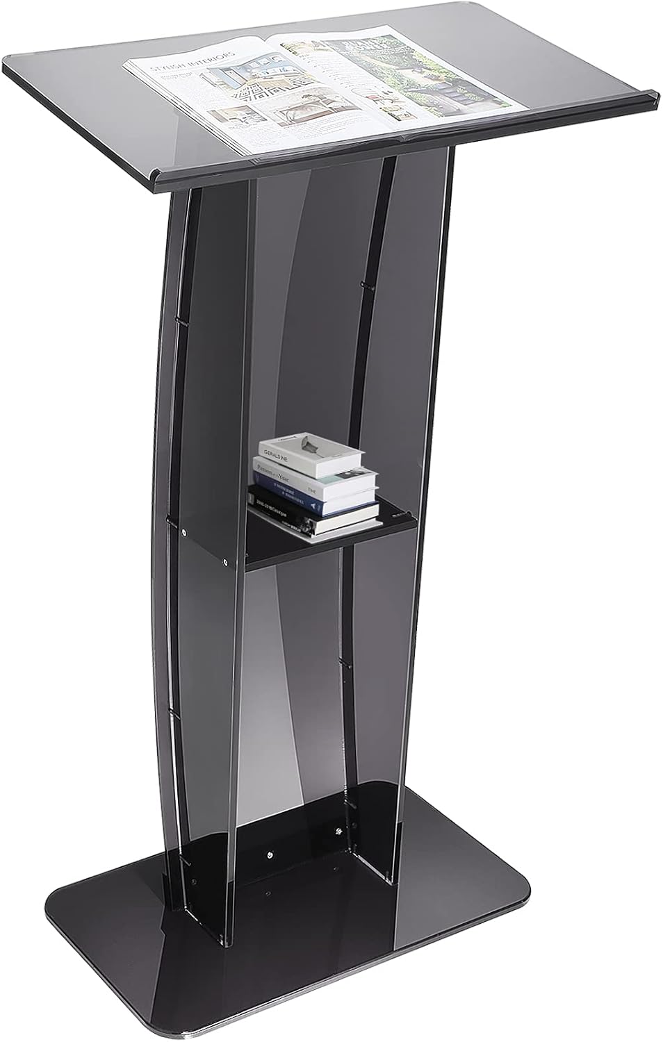 Acrylic Podium, 120cm Tall, Acrylic Podium Stand with Wide Reading Surface &amp; Storage Shelf, Floor-Standing Clear Pulpits Acrylic for Church Office School, Black
