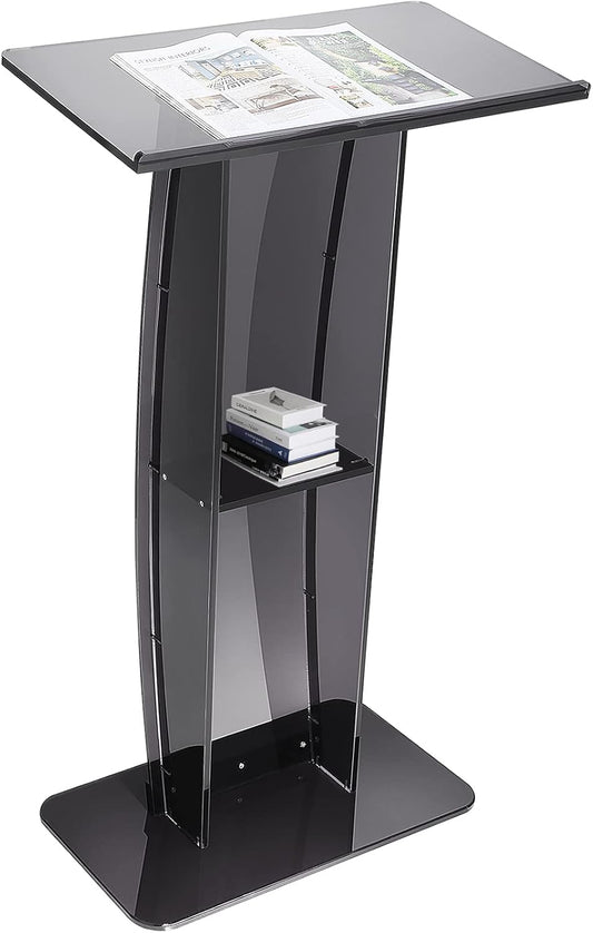 Acrylic Podium, 120cm Tall, Acrylic Podium Stand with Wide Reading Surface &amp; Storage Shelf, Floor-Standing Clear Pulpits Acrylic for Church Office School, Black