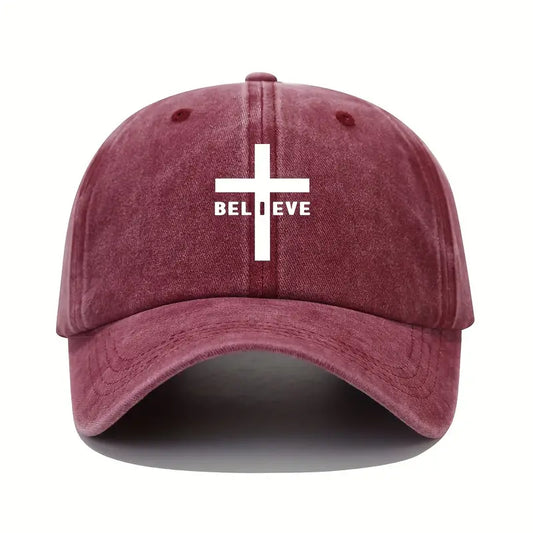 BELIEVE Cross Printed Baseball Cap Washed Distressed Solid Color Dad Hats Lightweight Adjustable Sun Hats For Women & Men