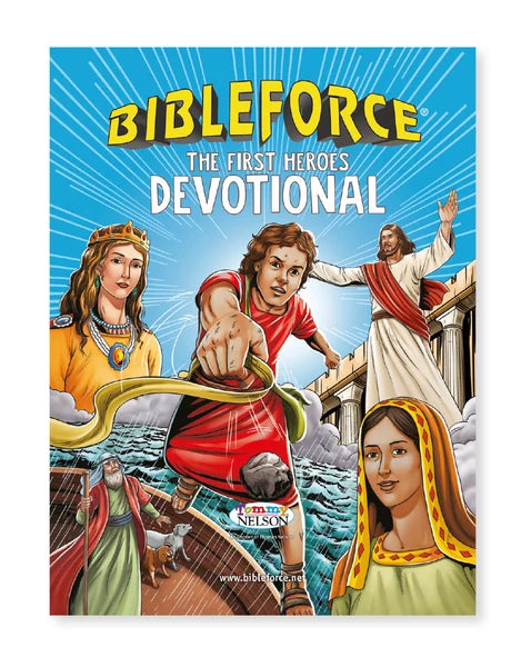 BibleForce The First Heroes Devotional cover with comic-style Bible heroes including David with sling, Moses and Jesus