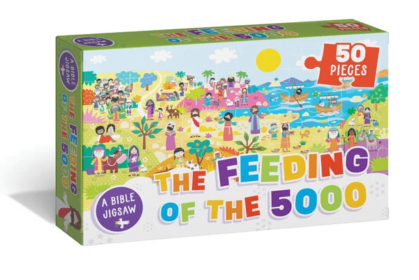 Feeding of the 5000 50 piece Bible jigsaw puzzle box for kids showing Jesus, crowd and boats by the lake