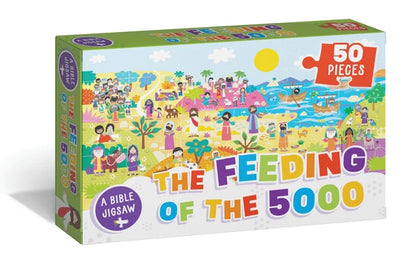 Feeding of the 5000 50 piece Bible jigsaw puzzle box for kids showing Jesus, crowd and boats by the lake