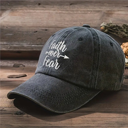 Faith Over Fear Baseball Cap Washed Distressed Embroidered Unisex Sun Hat Adjustable Sports Dad Hats For Women & Men