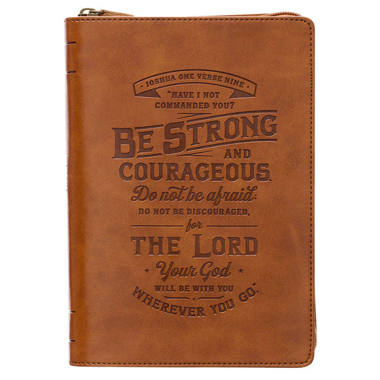 Be Strong Toffee Brown Faux Leather Classic Journal with Zippered Closure - Joshua 1:9