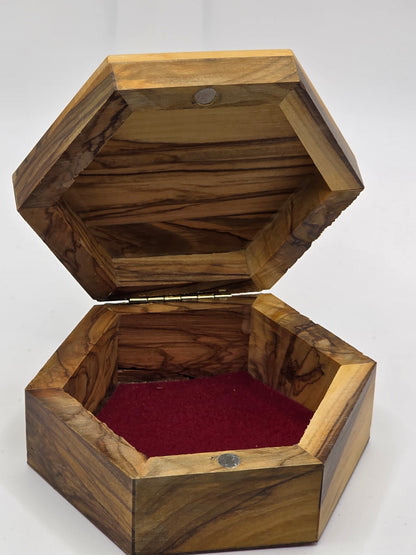 God Bless your Home Pentagon Olive Wood Box shelf closing lid -10cm x 10cm