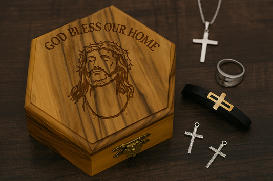 God Bless your Home Pentagon Olive Wood Box shelf closing lid -10cm x 10cm