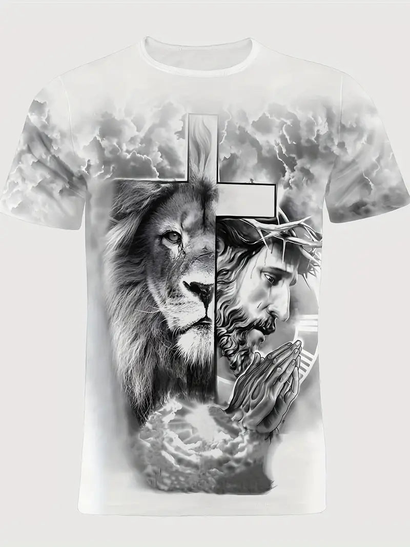 Stylish Cross & Lion Pattern Print Men's Comfy T-shirt, Christian Graphic Tee Men's Summer Outdoor Clothes, Men's Clothing, Tops For Men