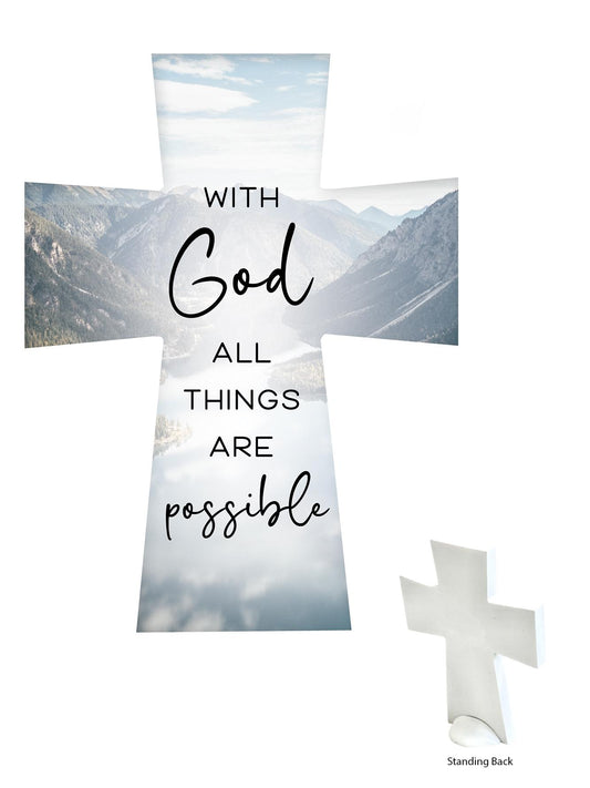 Ceramic Cross – With God All Things Are Possible | Standing Boxed