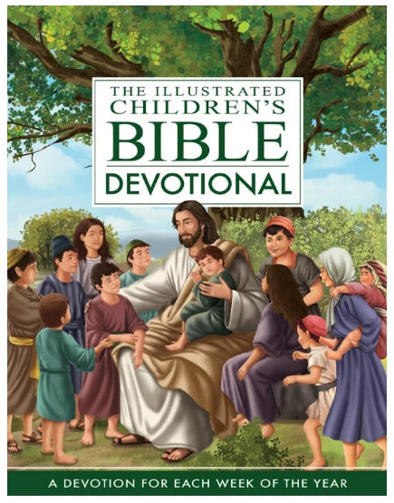The Illustrated Children's Bible Devotional cover showing Jesus with children under a tree, a devotion for each week of the year
