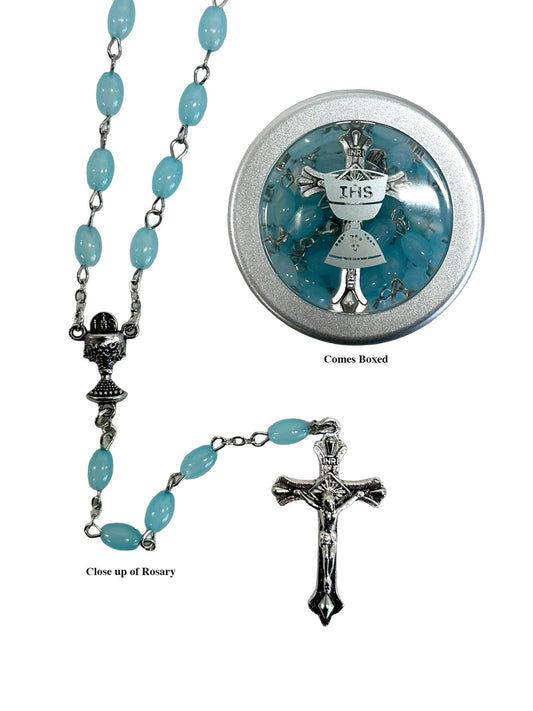 First Communion Rosary — Blue Glass Beads in Round Gift Tin | IHS Chalice Design