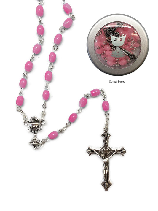 First Communion Rosary — Pink Glass Beads in Round Gift Tin | IHS Chalice Design