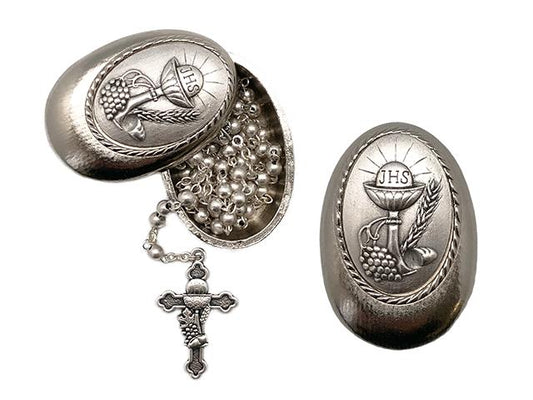 First Holy Communion Metal Rosary with Keepsake Box – Silver Tone