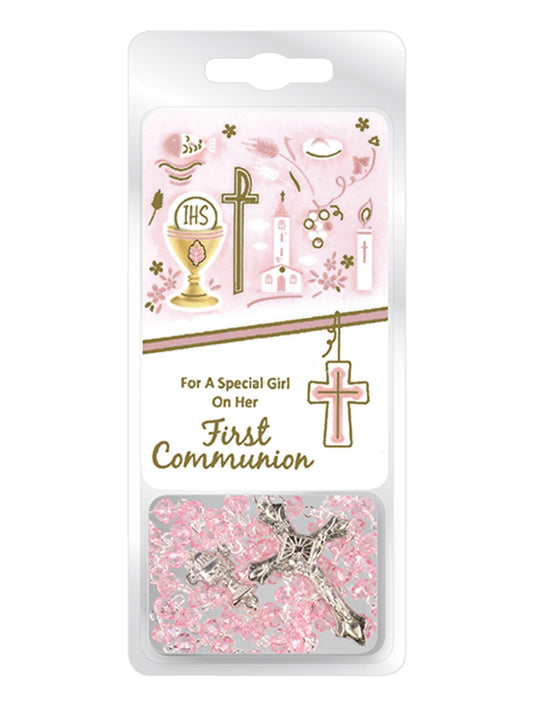 First Communion Rosary with Card — Pink | For A Special Girl on Her First Communion