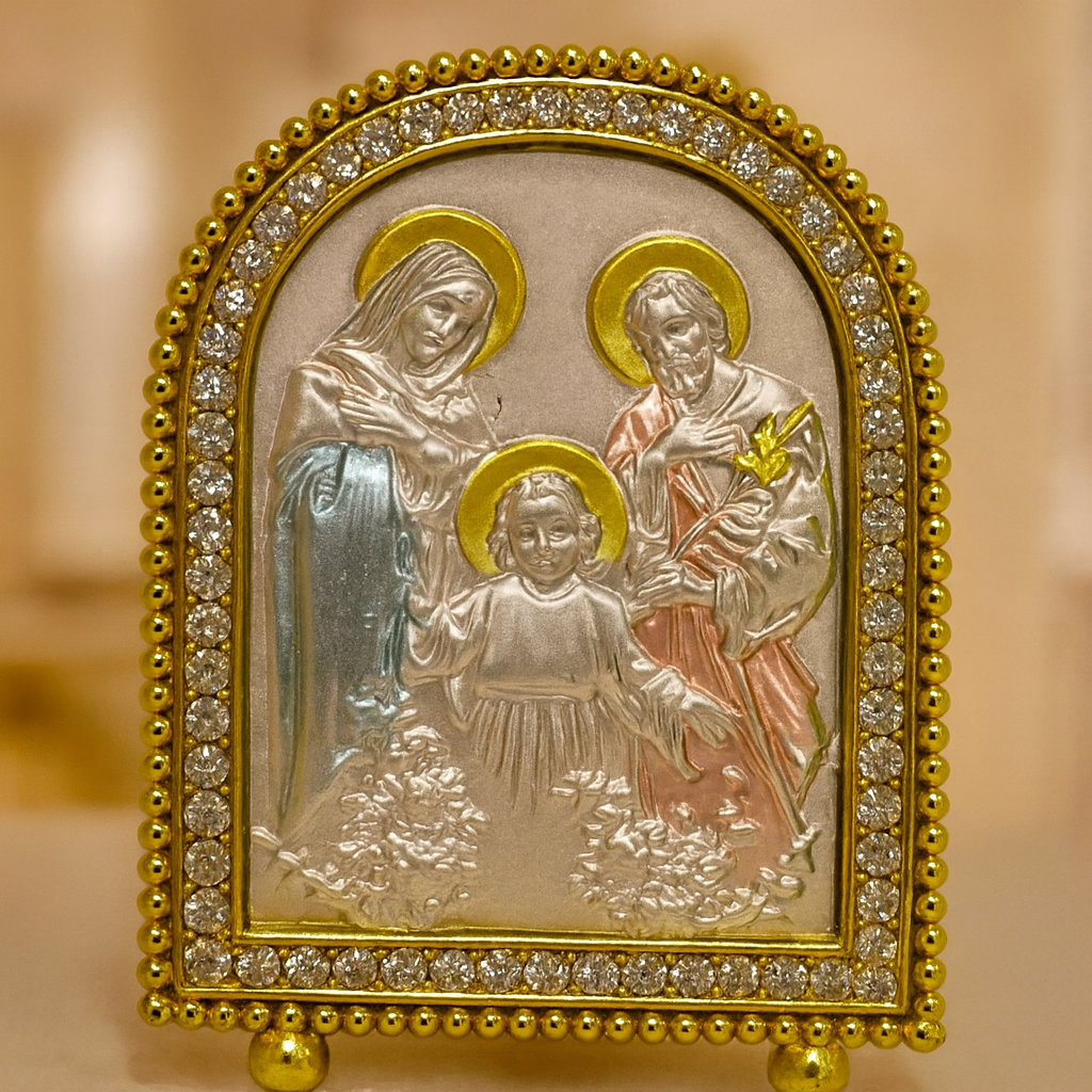Mini Bling Religious Metal Embossed Mary Joseph as a Child Goldstone Framed 7cm x 5cm