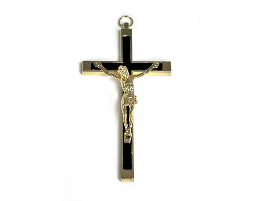 Cross Metal Gold tone (Black inlay) 10cm with Metal Corpus (Hanging)