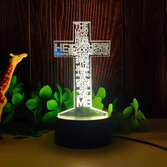 Psalm 23 Cross, 3D Desk Lamp LED with USB Port, Tabletop Night Light for Bedroom Decor