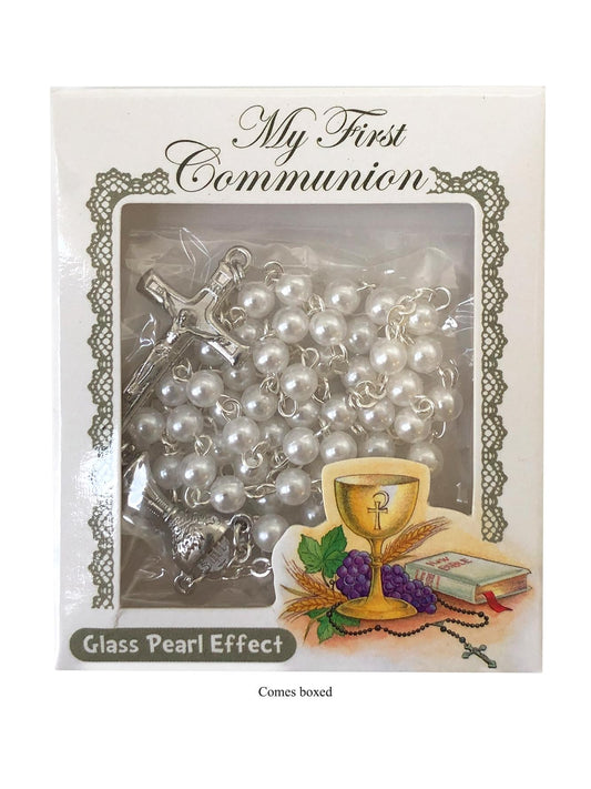 My First Communion Rosary — Glass Pearl Effect, Silver Crucifix, Comes Boxed