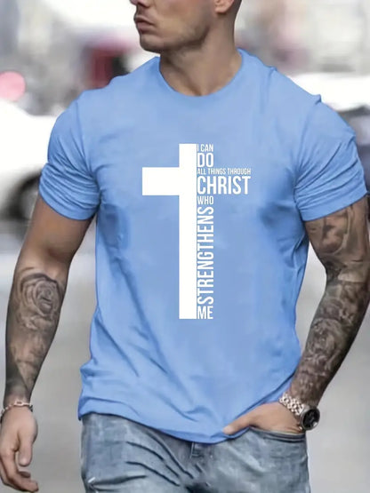 God Jesus Christ Cross Print T Shirt, Casual Short Sleeve Crew Neck T-shirt For Summer Spring Fall