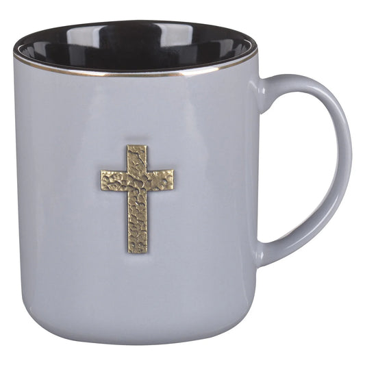 Gray Ceramic Coffee Mug with Metal Cross Inlay – 1 Peter 2:24