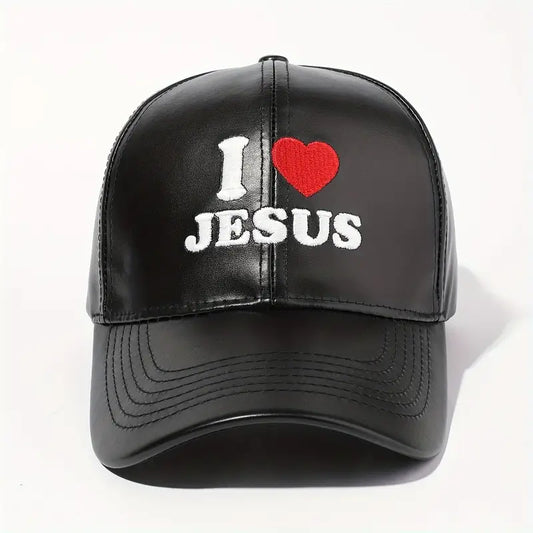 I Love Jesus" Embroidered Baseball Cap - Adjustable, Breathable Faux Leather Hat